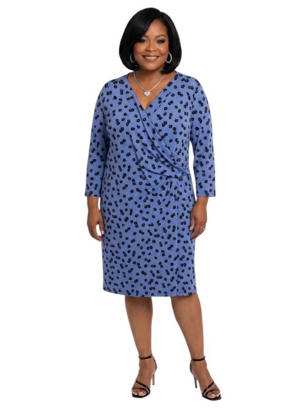 Talbots Blue & Black Floral Print Faux Wrap 3/4 Sleeve Sheath Dress Size 3X
